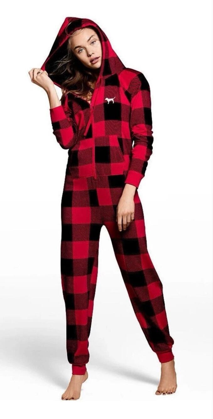 VICTORIA'S SECRET PINK Large Sherpa Hood Sleep One Piece Red Black Plaid medium